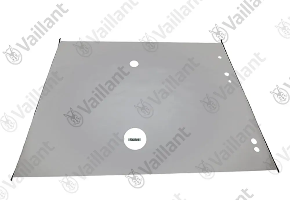 Vaillant Metallplatte, rechteckig mit verschiedenen Löchern, möglicherweise für Montagezwecke, zeigt das Vaillant-Logo.